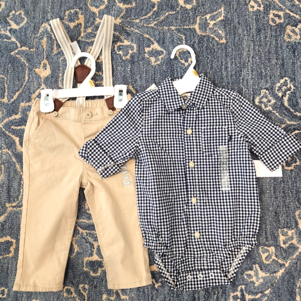 12mo Oshkosh B'gosh kaki suspender pants and blue gingham tio